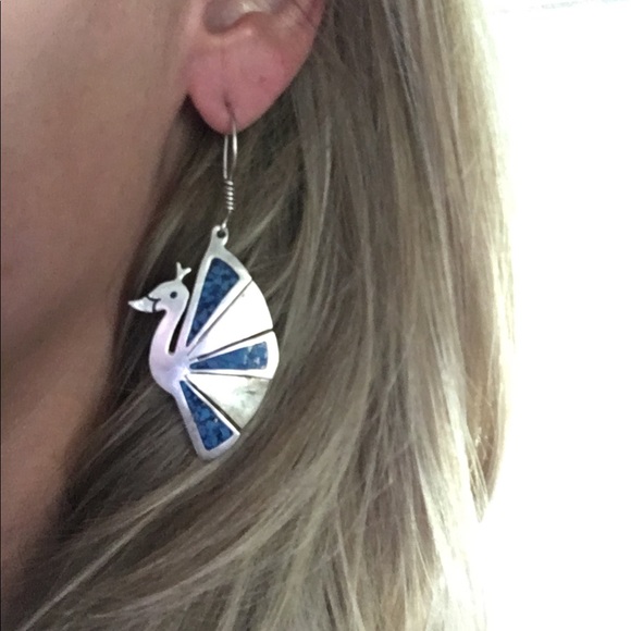 GORGEOUS Vintage Turquoise/silver peacock earrings - Picture 4 of 4